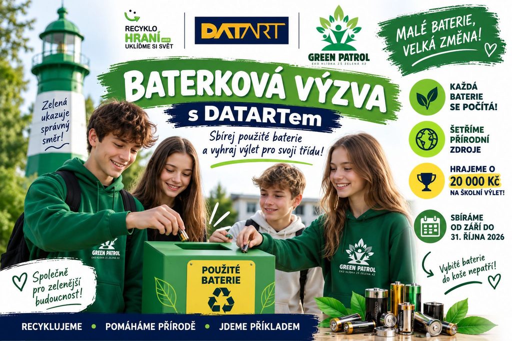 🔋 Sbíráme: použité baterie z domácností
📅 Do kdy: do 31. října 2026
🏫 Kam: do označeného sběrného místa v ZŠ Zelená 42
🌱 Proč: recyklujeme, šetříme suroviny a pomáháme přírodě
🏆 A navíc: můžeme získat až 20 000 Kč na školní výlet